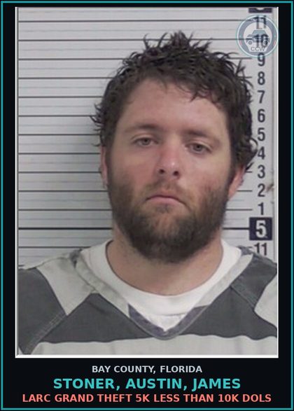 CCW arrest card for STONER, AUSTIN, JAMES in Bay County: LARC GRAND THEFT 5K LESS THAN 10K DOLS