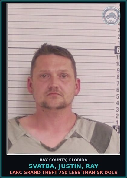 CCW arrest card for SVATBA, JUSTIN, RAY in Bay County: LARC GRAND THEFT 750 LESS THAN 5K DOLS