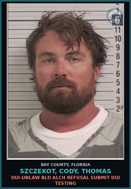 CCW arrest card for SZCZEKOT, CODY, THOMAS in Bay County: RESIST OFFICER OBSTRUCT WO VIOLENCE