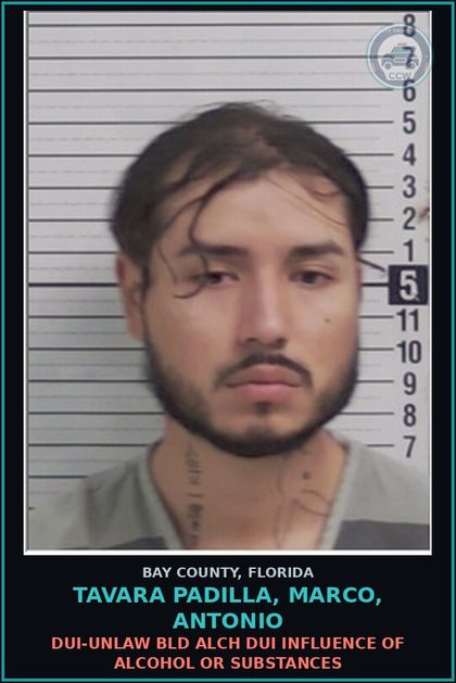 CCW arrest card for TAVARA PADILLA, MARCO, ANTONIO in Bay County: DUI-UNLAW BLD ALCH DUI INFLUENCE OF ALCOHOL OR DRUGS