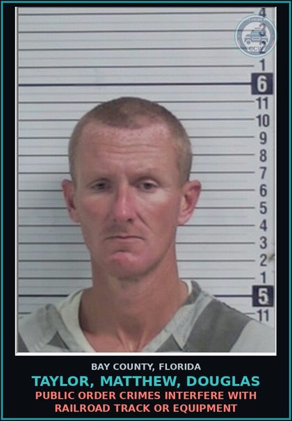 CCW arrest card for TAYLOR, MATTHEW, DOUGLAS in Bay County: PUBLIC ORDER CRIMES INTERFERE WITH RAILROAD TRACK OR EQUIPMENT