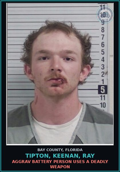 CCW arrest card for TIPTON, KEENAN, RAY in Bay County: AGGRAV BATTERY PERSON USES A DEADLY WEAPON