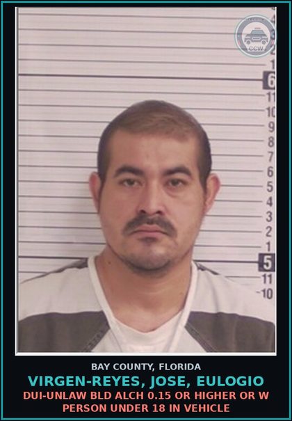 CCW arrest card for VIRGEN-REYES, JOSE, EULOGIO in Bay County: MOVING TRAFFIC VIOL OPERATE MOTOR VEHICLE WO VALID LICENSE