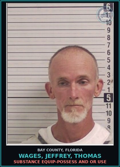 CCW arrest card for WAGES, JEFFREY, THOMAS in Bay County: DRUG EQUIP-POSSESS AND OR USE