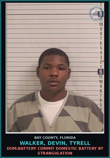 CCW arrest card for WALKER, DEVIN, TYRELL in Bay County: DOM:BATTERY COMMIT DOMESTIC BATTERY BY STRANGULATION