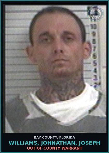 CCW arrest card for WILLIAMS, JOHNATHAN, JOSEPH in Bay County: OUT OF COUNTY WARRANT