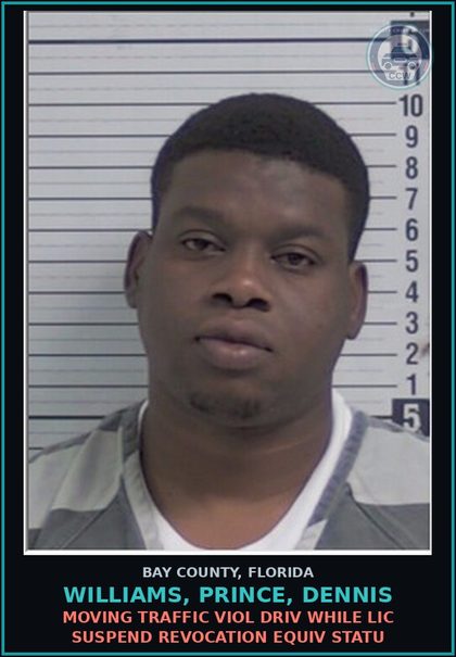 CCW arrest card for WILLIAMS, PRINCE, DENNIS in Bay County: MOVING TRAFFIC VIOL DRIV WHILE LIC SUSPEND REVOCATION EQUIV STATU