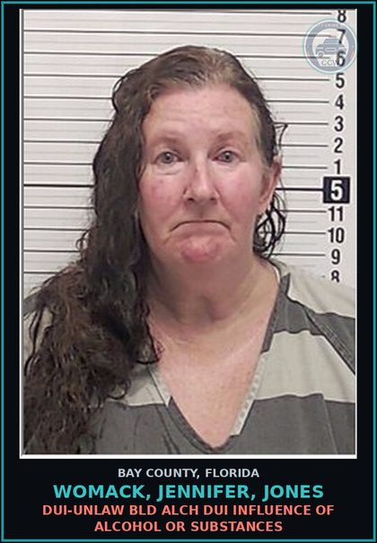 CCW arrest card for WOMACK, JENNIFER, JONES in Bay County: DUI-UNLAW BLD ALCH DUI INFLUENCE OF ALCOHOL OR DRUGS