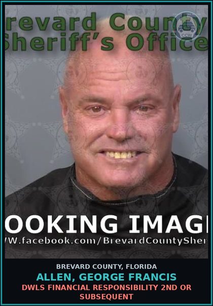 CCW arrest card for Allen, George Francis in Brevard County: DWLS Financial Responsibility 2nd or Subsequent