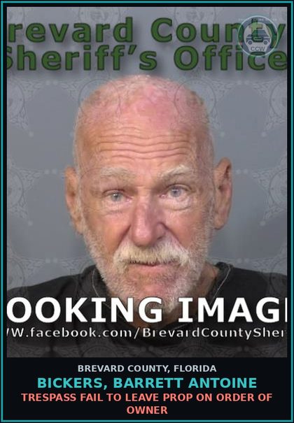 CCW arrest card for Bickers, Barrett Antoine in Brevard County: Trespass Fail to Leave Prop on Order of Owner