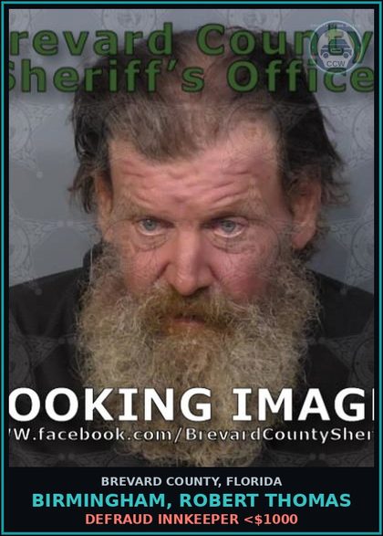 CCW arrest card for Birmingham, Robert Thomas in Brevard County: Defraud Innkeeper <$1000