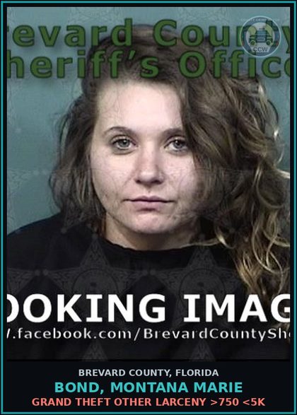 CCW arrest card for BOND, MONTANA MARIE in Brevard County: Grand Theft Other Larceny >750 <5K