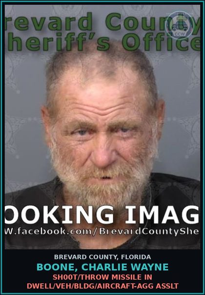 CCW arrest card for Boone, Charlie Wayne in Brevard County: Shoot/Throw Missile In Dwell/Veh/Bldg/Aircraft-Agg Asslt