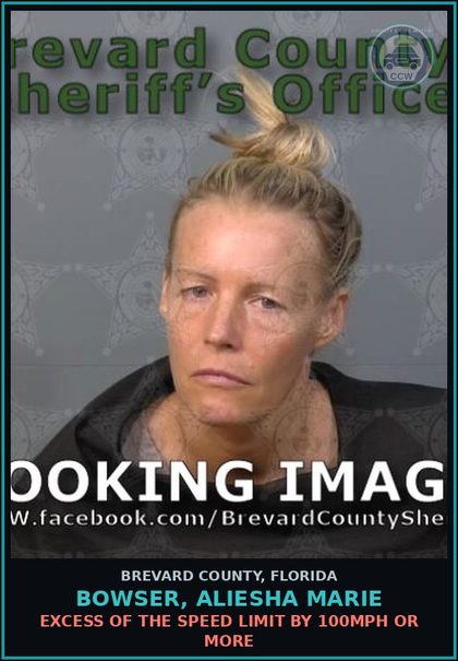 CCW arrest card for BOWSER, ALIESHA MARIE in Brevard County: Excess of the Speed Limit by 100MPH or more