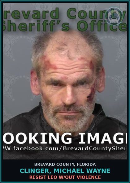 CCW arrest card for Clinger, Michael Wayne in Brevard County: RESIST LEO W/OUT VIOLENCE