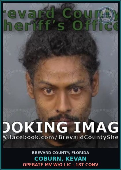 CCW arrest card for Coburn, Kevan in Brevard County: Operate MV W/O Lic - 1st Conv