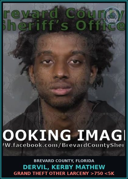 CCW arrest card for DERVIL, KERBY MATHEW in Brevard County: Grand Theft Other Larceny >750 <5K
