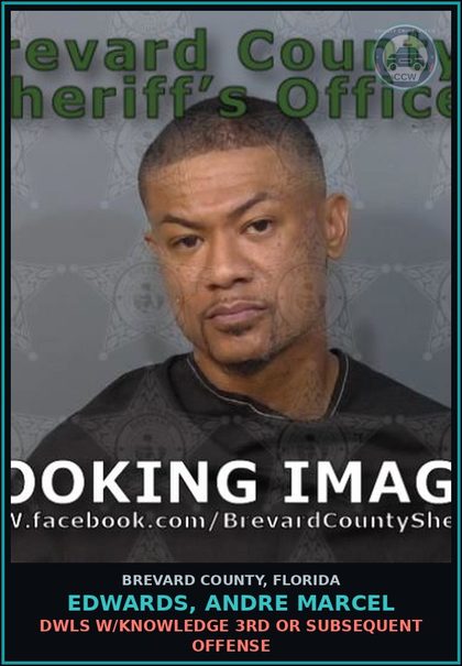 CCW arrest card for EDWARDS, ANDRE MARCEL in Brevard County: DWLS W/Knowledge 3rd or Subsequent Offense