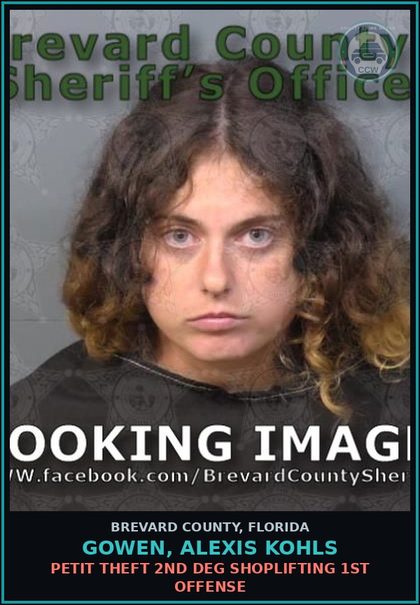 CCW arrest card for GOWEN, ALEXIS KOHLS in Brevard County: Petit Theft 2nd Deg Shoplifting 1st Offense