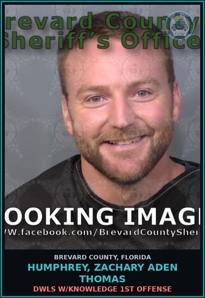CCW arrest card for HUMPHREY, ZACHARY ADEN THOMAS in Brevard County: DWLS W/Knowledge 1st Offense