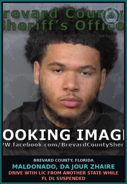 CCW arrest card for MALDONADO, DA JOUR ZHAIRE in Brevard County: Drive Wtih Lic From Another State While FL DL Suspended