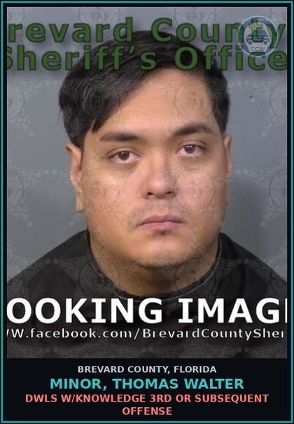 CCW arrest card for MINOR, THOMAS WALTER in Brevard County: DWLS W/Knowledge 3rd or Subsequent Offense