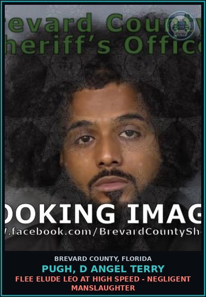 CCW arrest card for PUGH, D ANGEL TERRY in Brevard County: Flee Elude LEO at High Speed - Negligent Manslaughter