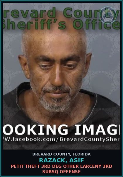 CCW arrest card for RAZACK, ASIF in Brevard County: Petit Theft 3rd Deg Other Larceny 3rd Subsq Offense