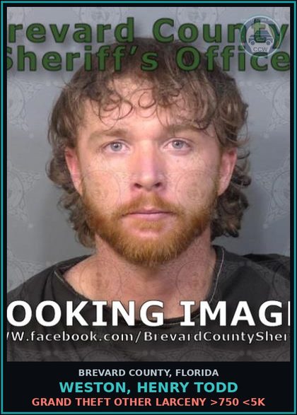 CCW arrest card for WESTON, HENRY TODD in Brevard County: Grand Theft Other Larceny >750 <5K