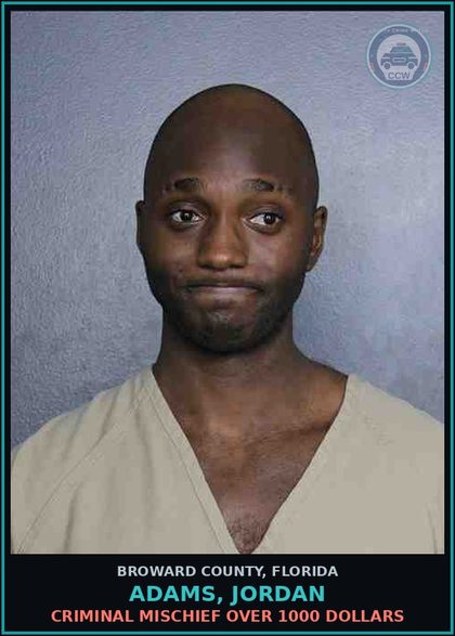 CCW arrest card for ADAMS, JORDAN in Broward County: CRIMINAL MISCHIEF OVER 1000 DOLLARS