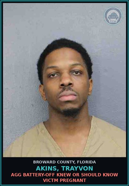CCW arrest card for AKINS, TRAYVON in Broward County: AGG BATTERY-OFF KNEW OR SHOULD KNOW VICTM PREGNANT