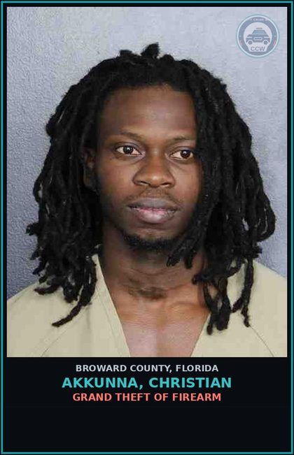 CCW arrest card for AKKUNNA, CHRISTIAN in Broward County: POSS OF WEAP OR AMMO BY FLA DELQ ADULT FELON