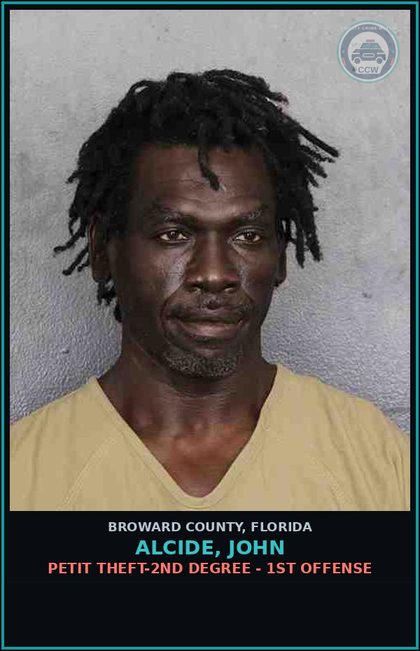 CCW arrest card for ALCIDE, JOHN in Broward County: PETIT THEFT-2ND DEGREE - 1ST OFFENSE