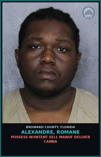 CCW arrest card for ALEXANDRE, ROMANE in Broward County: POSSESS W/INTENT SELL MANUF DELIVER Canna