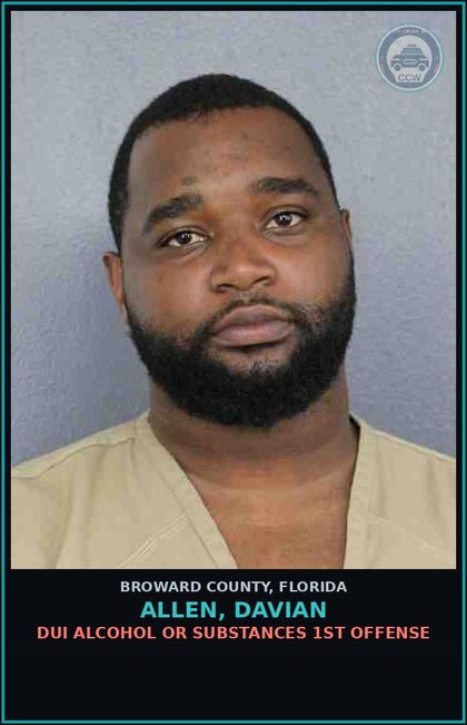 CCW arrest card for ALLEN, DAVIAN in Broward County: DUI ALCOHOL OR DRUGS  1ST OFFENSE