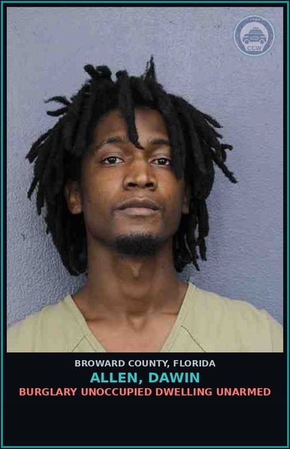 CCW arrest card for ALLEN, DAWIN in Broward County: GRAND THEFT>$750<$5000
