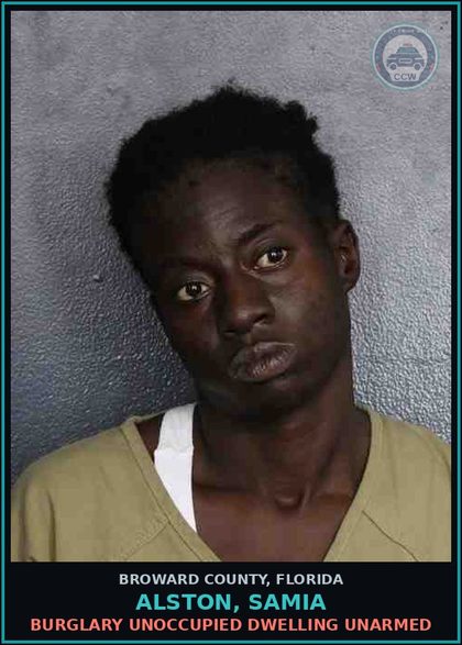CCW arrest card for ALSTON, SAMIA in Broward County: BURG/DWELLING STRUCTURE OR CONVEYANCE ARMED