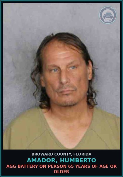 CCW arrest card for AMADOR, HUMBERTO in Broward County: AGG BATTERY ON PERSON 65 YEARS OF AGE OR OLDER