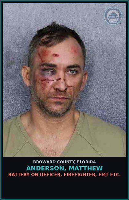 CCW arrest card for ANDERSON, MATTHEW in Broward County: BATTERY ON OFFICER, FIREFIGHTER, EMT ETC.