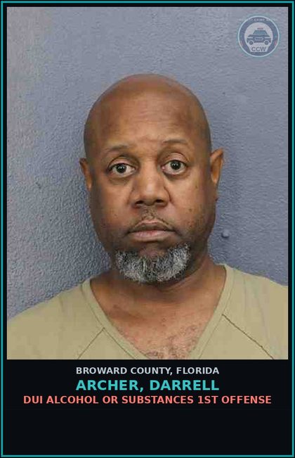 CCW arrest card for ARCHER, DARRELL in Broward County: DUI ALCOHOL OR DRUGS  1ST OFFENSE