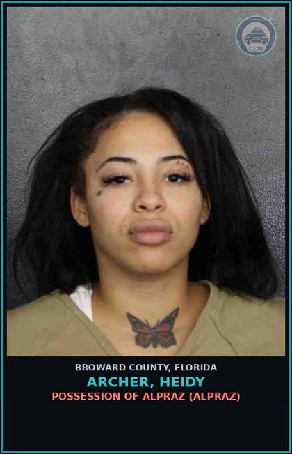 CCW arrest card for ARCHER, HEIDY in Broward County: POSSESSION OF ALPRAZ (XANAX)