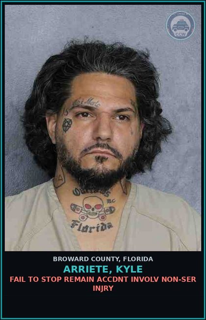 CCW arrest card for ARRIETE, KYLE in Broward County: FAIL TO STOP REMAIN ACCDNT INVOLV NON-SER INJRY