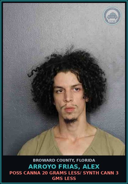 CCW arrest card for ARROYO FRIAS, ALEX in Broward County: POSS Canna 20 GRAMS LESS/ SYNTH CANN 3 GMS LESS