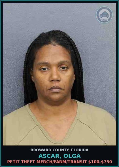 CCW arrest card for ASCAR, OLGA in Broward County: PETIT THEFT MERCH/FARM/TRANSIT $100-$750