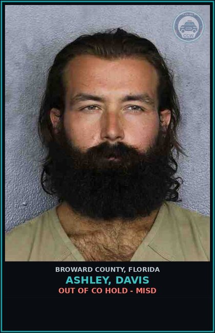 CCW arrest card for ASHLEY, DAVIS in Broward County: OUT OF CO HOLD - MISD