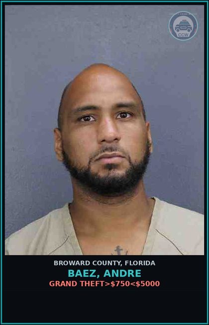 CCW arrest card for BAEZ, ANDRE in Broward County: GRAND THEFT>$750<$5000