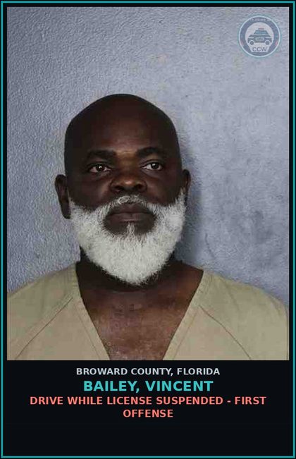 CCW arrest card for BAILEY, VINCENT in Broward County: DRIVE WHILE LICENSE SUSPENDED - FIRST OFFENSE