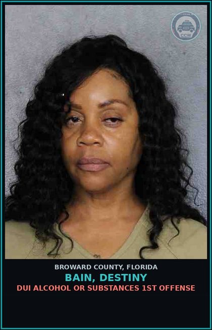 CCW arrest card for BAIN, DESTINY in Broward County: DUI ALCOHOL OR DRUGS  1ST OFFENSE