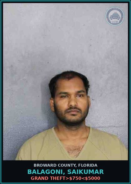 CCW arrest card for BALAGONI, SAIKUMAR in Broward County: GRAND THEFT>$750<$5000