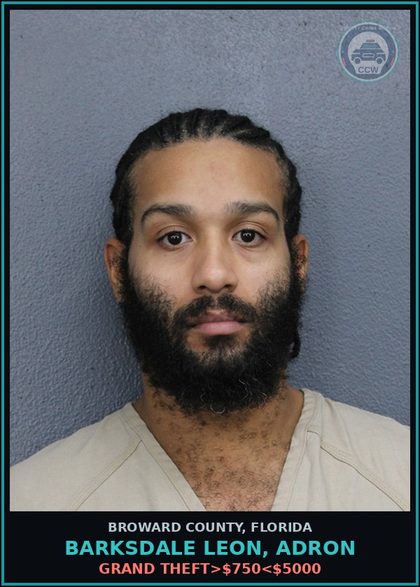 CCW arrest card for BARKSDALE LEON, ADRON in Broward County: GRAND THEFT>$750<$5000